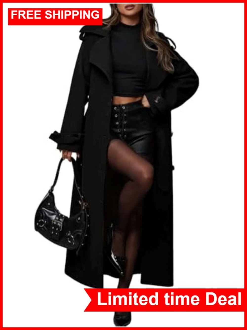 Wool Blend Midi Long Double Breasted Pea Coat Business Casual Belted Windproof